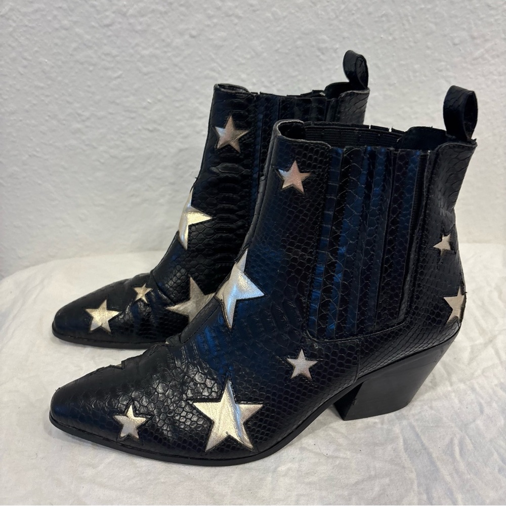 Betsey Johnson Black Ankle Boots with Silver Star Appliqués